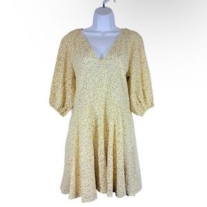 H&M Yellow Floral Mini Dress Puff Sleeve V-Neck Cottagecore XS NWT